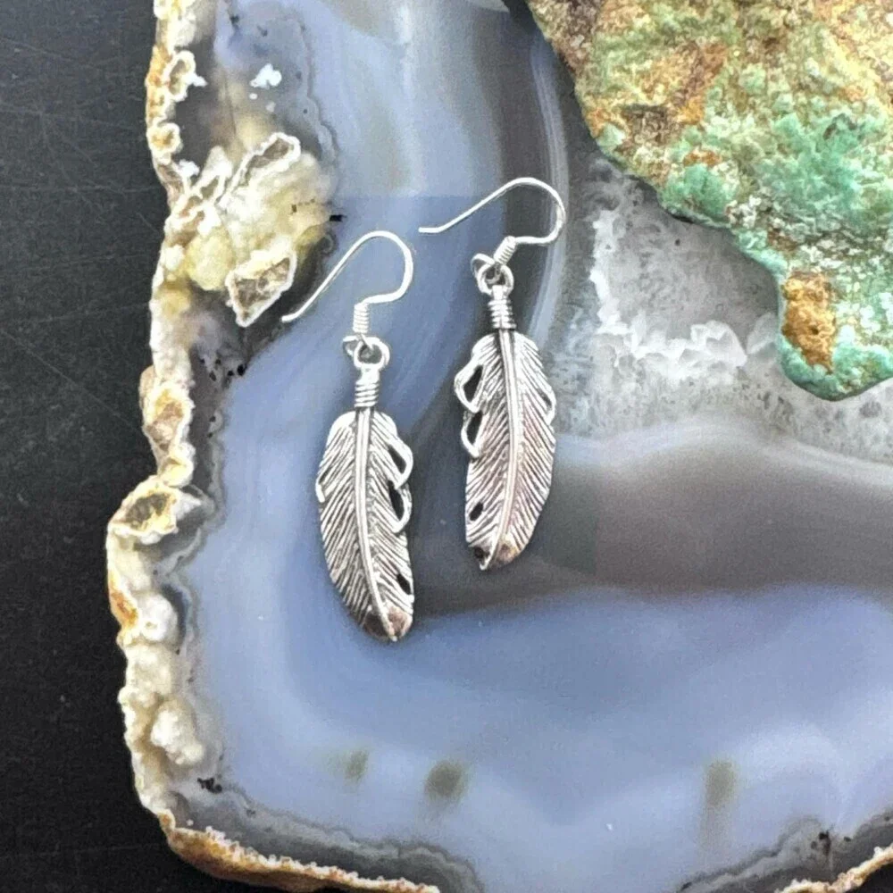 Sterling Silver Southwestern Style Feather Dangle Earrings For Women